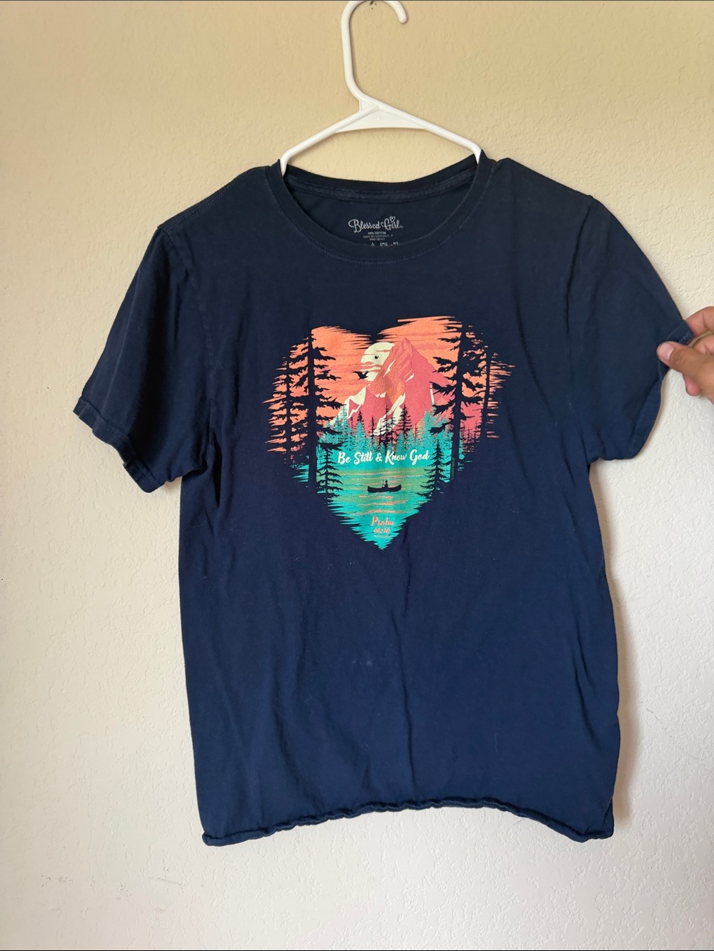 Blessed Is She Navy Graphic Tee - Sunset Mountain Print